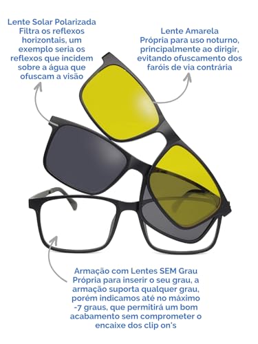 Armação de Óculos 3 em 1 Retangular Clip On Magnético Encaixe Superior Polarizado Lente Night Drive