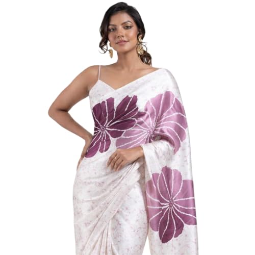 Image of Japan Satin Floral Print Saree for Women with Blouse Piece - Satin Finish Draped Saree