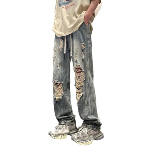 Man Wide Leg Trousers Cowboy Pants Ripped with Holes Torn Broken Aesthetic Stacked Jeans