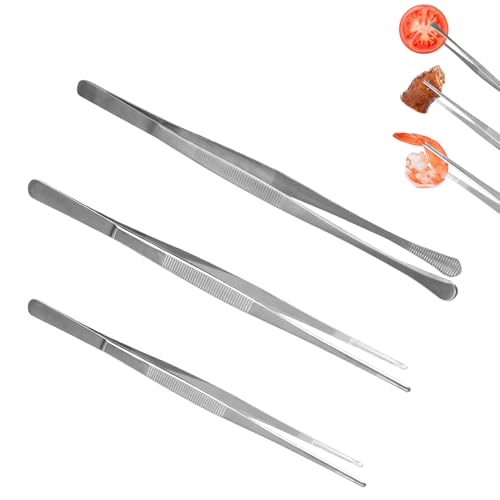 Pinze da Cucina 3 Pezzi Pinzette da Cucina in Acciaio Inox Pinze da Cucina Professionali Barbecue Pinzette da Cucina Pinza da Cucina, Pinza Chef per Cucina e Tenere il Cibo (Argento, 25 & 30 cm)