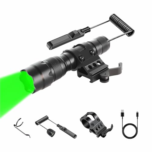 ULTRAFIRE Green Hunting Flashlight with Picatinny Mount and Pressure Switch Rechargeable Green Flashlight for Coyote Fox Predator Varmint and Coon WF-502BGX (Green)