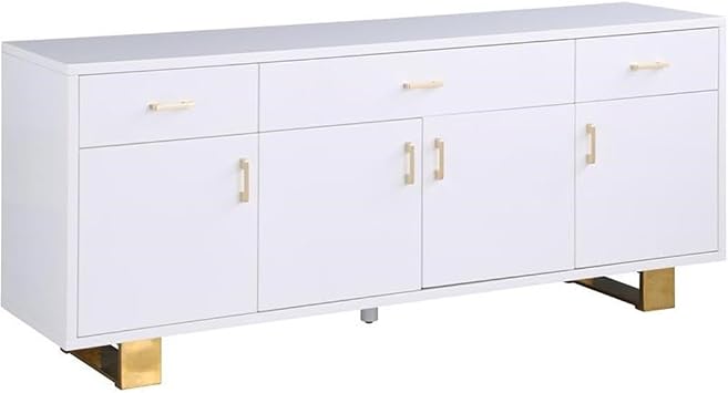 Contemporary Sideboard/Buffet, 72" W x 18" D x 31" H, Rich White Lacquer and Gold Finish, Durable Base, Multiple Compartments, Gold Handles, Storage Cabinet for Dining Room or Kitchen