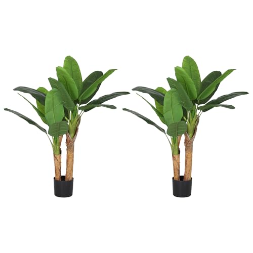 HOMCOM Set de 2 Plantas Artificiales Bananero 120 cm con Maceta y 15 Hojas Plantas Decorativas para Interior Verde