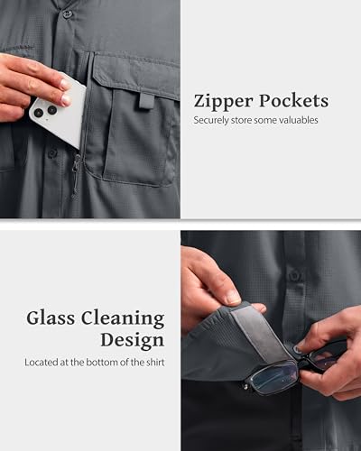 BETBO Men's Short Sleeves Fishing Shirts Button Down Summer Travel Work Shirts with Zipper Pockets(Dark Grey, Small) — view 4
