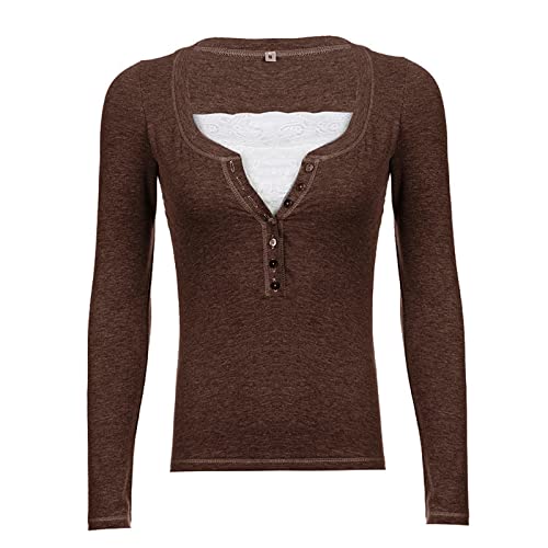 Image of Fairy Grunge Shirts for Women Y2K Tops Long Sleeve Lace Patchwork Tees Teen Girls Vintage Slim Blouse Fall Clothes
