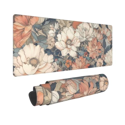 Japanese Floral Mouse Pad XL 31.5 X 11.8 Inch Minimalist Aesthetic Art White Coral Pink Flower Extended Large Gaming Mousepad Keyboard Desk Mat Non-Slip Rubber Base Stitched Edges for Home Office