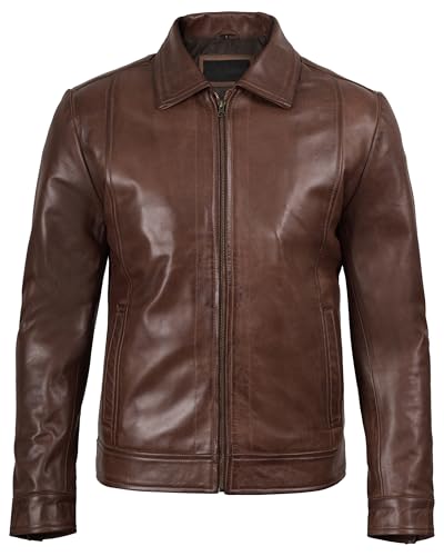 Image of Blingsoul Vintage Distressed Leather Jacket for Men - Shirt Collar Genuine Lambskin Mens Leather Jacket