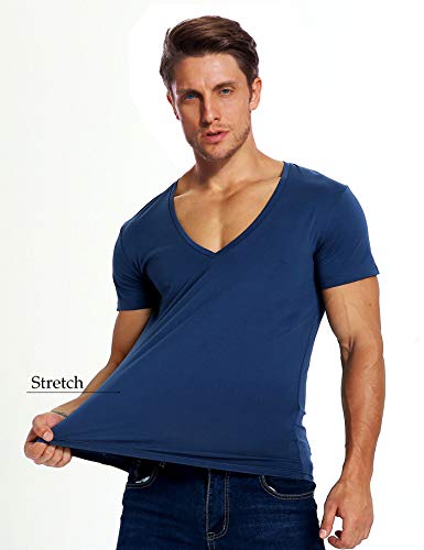 Zecmos V Neck T Shirts Men Deep V Neck Tee Muscle Slim Fit Low Cut Undershirts Blue S — view 3
