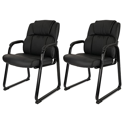 Image of CLATINA Classic Leather Soft Reception Chair with Padded Armrests and Sled Base, Executive Guest Chair for Office Computer Desk Conference Waiting Meeting Room, Black (2 Pack)