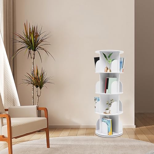 HOLMZCED 360 Display Floor Standing Bookcase, 4 Tiers Rotating Bookshelf Free Standing Book Storage Rack Multi Functional Bookshelf Organizer White for Home Living Room Study Bedroom