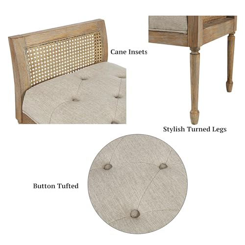 Martha Stewart Isla Entryway Accent Bench for Living Room Bedford Collection, Tufted Seat, Cane Side Frames, Farmhouse Bed End Bench for Bedroom, Indoor Seating, Reclaimed Finish, 48.5" Wide Natural by Martha Stewart - Image 3