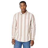 Amazon Essentials Men's Regular-Fit Long Sleeve Linen Blend Shirt, Brick Red Textured Stripe, Large