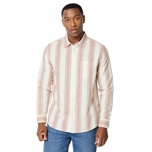 Amazon Essentials Men's Regular-Fit Long Sleeve Linen Blend Shirt, Brick Red Textured Stripe, XX-Large