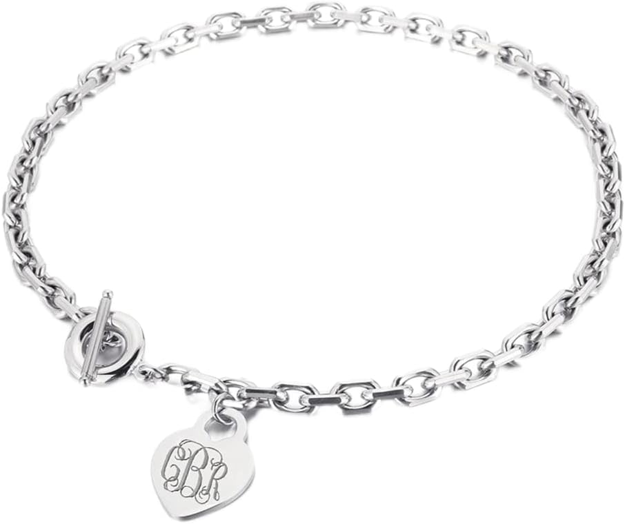 925 Sterling Silver Personalized Toggle Heart Link Bracelet/Anklet Custom Monogram Initial Bracelets