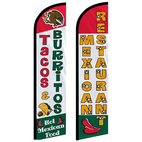 R and R Industries Tacos Burritos Mexican Restaurant Flag Pack of 2 | Tacos Flags for Businesses | 2.5ft x 11.5ft Mexican Restaurant Decor Advertising Flags for Outside (Mount and Poles Not Included)