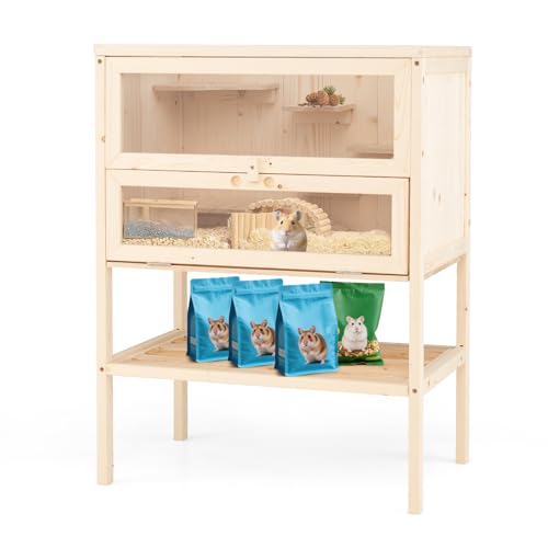 PETSITE 31.5 Inches Freestanding Wooden Hamster Cage, Chew-Proof 2-Layer Hamster House with Full Transparent Viewing, Flip-Top Roof, and Storage Shelf, Ideal for Dwarf Hamster and Gerbils