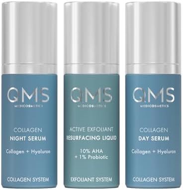 QMS Medicosmetics Day + Night 3-Step Core Routine – Includes Collagen Day Serum, Collagen Night Serum + 10% AHA Exfoliant Resurfacing Liquid – Diminishes Lines + Wrinkles + Reduces Signs of Aging