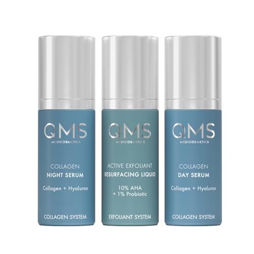 QMS Medicosmetics Day + Night 3-Step Core Routine – Includes Collagen Day Serum, Collagen Night Serum + 10% AHA Exfoliant Resurfacing Liquid – Diminishes Lines + Wrinkles + Reduces Signs of Aging