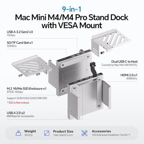 Image of Mac mini M4 Dock & Stand with M.2 NVMe 8TB SSD Enclosure, Macmini M4 Hub with HDMI 4K 60Hz, 3 USB-A 10Gbps for Mac mini M4 /M4 Pro 2024, Metal Bracket Holder for Monitor, Desk and VESA Port