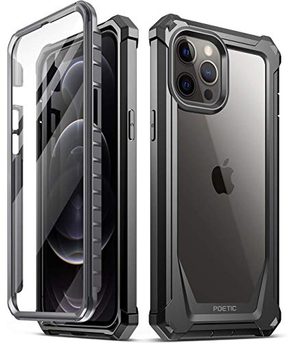 Poetic Guardian Series Designed for iPhone 12 Pro Max 6.7 inch Case, Full-Body Hybrid Reinforced Shockproof Protective Rugged Clear Bumper Cover Case with Built-in-Screen Protector, Black/Clear