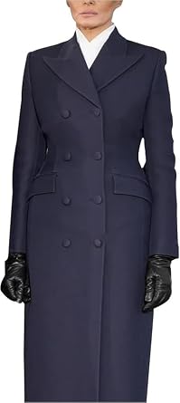 Melania Navy Blue Wool Trench Coat - Double-Breasted Long Wool Blend Coat