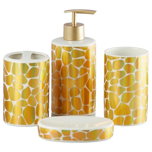 Image of SaSaSa Ceramic Bathroom Accessories Set of 4 Modern Bath Set with Soap Dispenser & Toothbrush Holder, Luxury Home & Gift Idea, Gold /White (10084)