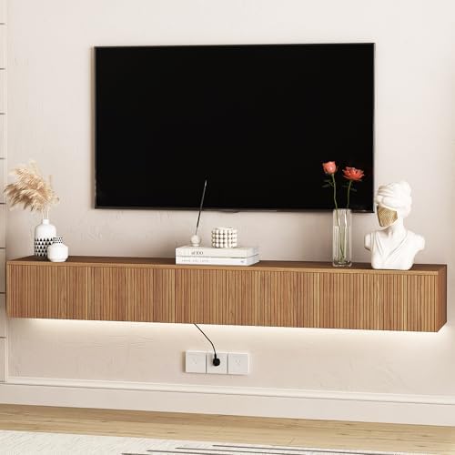 Oak Floating TV Stand for Bedroom,Fluted TV Console Wall Mounted,...