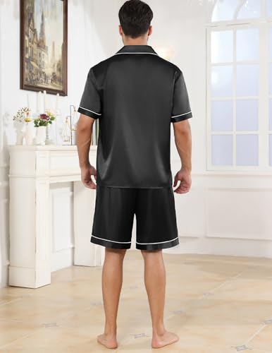Image of Veseacky Mens Silk Satin Pajamas Set Short Sleeve Sleepwear Button-Down Pjs Sets Two-Pieces Loungewear with Pockets S-XXL