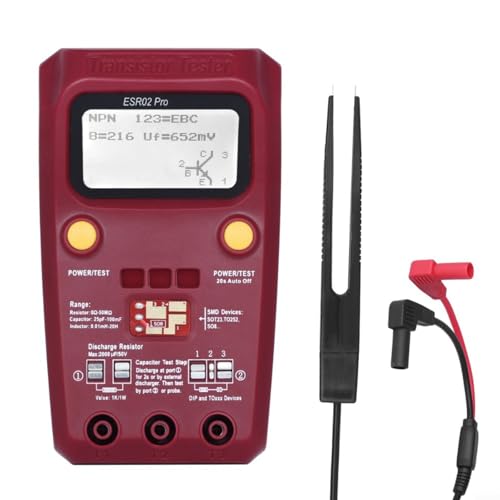 ESR02 Testeur de transistor professionnel pour un test précis des transistors bipolaires, MOSFET, diodes et composants passifs, y compris les inducteurs et les condensateurs (ESR02PRO-Clip rouge)