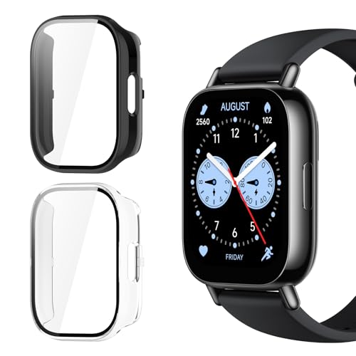 Yenwen Funda para Xiaomi Redmi Watch 5 Lite Protector, 2 Piezas PC Dura Protector Carcasa, Cristal Templado de Pantalla, Antigolpes HD Anti Arañazo Protección Carcasa - Transparente + Negro
