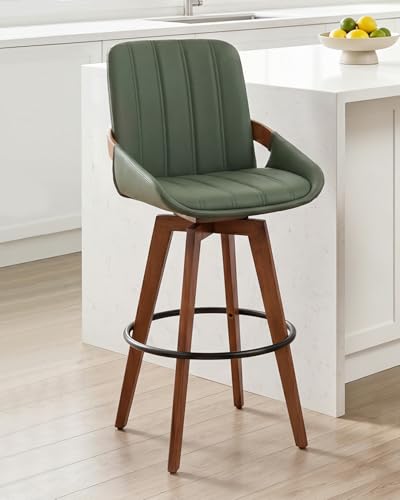 Image of AQG Green Bar Stools 30 Inch Set of 4 Leather Bar Height Stools with Backs, Mid Century Modern Swivel Bar Chairs, Upholstered Barstools Wood Frame for Kitchen Island