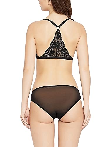 Image of Clovia Women's Lace Non-Padded Non-Wired Front Open Bralette & Semi-Sheer Bikini Panty Set-Black
