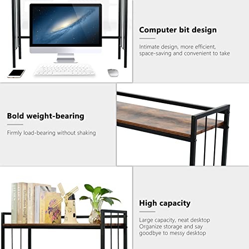 Ithwiu Vintage Metal And Wooden 2-Tier 27.5 Inch Length Desktop Shelves, Computer Desk Bookshelf, Office Supplies Desk Organizer Display Rack, Brown #TOP4