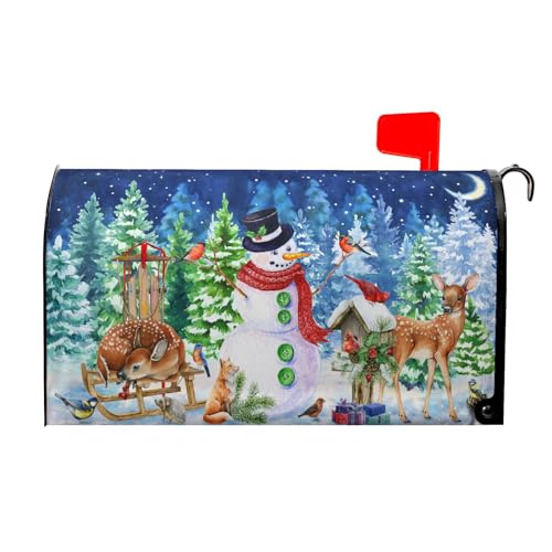 Image of Christmas Mailbox Cover Winter Mailbox Wraps Magnetic Standard Size 25x21 in Watercolor Xmas Tree Deers Snowman Post Letter Box Cover for Home Garden Outdoor Yard