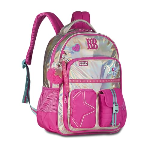 Rebecca Bonbon Mochila Escolar Juvenil, Holográfica Rosa, com Bolsos Laterais e Pingente