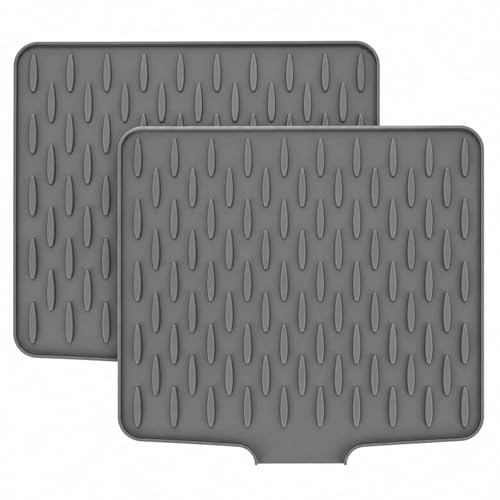 Pownert Lot de 2 tapis d'égouttoir à vaisselle, tapis d'égouttement alternatif, insert d'évier à séchage rapide, résistant à la chaleur, antidérapant, en silicone (40 × 32 cm, gris)