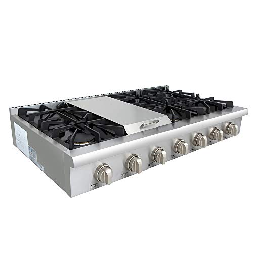 Thor Kitchen 48 in. Gas Rangetop HRT4806U with 6 Sealed Burners & 1 Griddle, in Stainless Steel Pro-style, Continuous Grates - Thumbnail 2