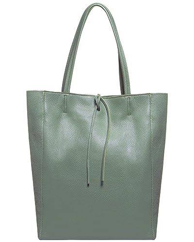Image of Genuine Italian Leather Tote Bag for Women, Large Slouchy Purse, Sage Green | Unstructured bag, raw unlined interior with zip pocket, top zipper, side ties, folds flat, fits a 16-inch laptop, lightweight