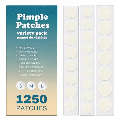 1250 Count Pimple Patches for Face | 3 Sizes (8mm, 10mm, 12mm) | Hydrocolloid Acne Patches, Cute Round Acne Stickers, Covers Zits, Blemishes & Breakouts – Gentle on All Skin Types