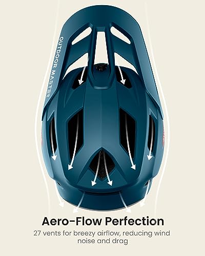 Image of OutdoorMaster Full Face Mountain Bike Helmet, Lightweight for BMX /DH | PC + EPP, 27 vents, Removable liner, 2 D-rings, Goggle strap channel, Pivoting visor, Fits 57-62cm, For downhill /BMX /MTB