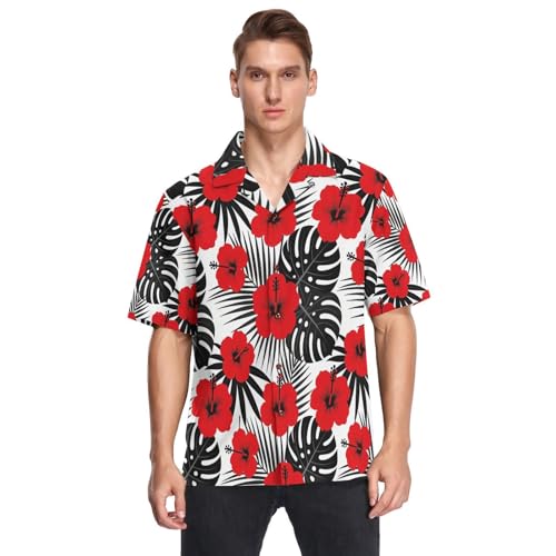 Chemise hawaïenne homme rouge à motif feuilles tropicales et manches courtes