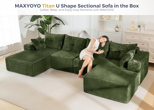 Image of MAXYOYO 132 inch Giant U-Shaped Modular Sectional Couch, Modern Boneless Couch for Living Room, Sofa in A Box, Oversized Sofa with Deep Seat, No Assembly Required, Green