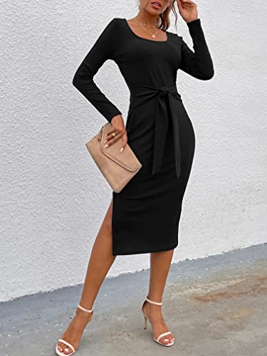 Prettygarden Women's Long Sleeve Square Neck Slit Bodycon Sweater Dress Tie Waist Ribbed Slim Fit Knit Midi Dress(Small, Black) #TOP4