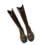 ESSUE Bottines Femme Hautes En Cuir Hiver Chaud Vintage Boots Femme Cuir Mode Pas Cher Bottes à Lacets Sexy Mode Confortable Equitation Le Genou Boots Moto Bottes