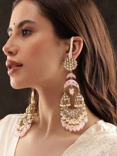 Image of Rubans Long Jhumka Earrings with Ear Chain Pearl Beaded Traditional Wedding Jewellery Gift for Women & Girls