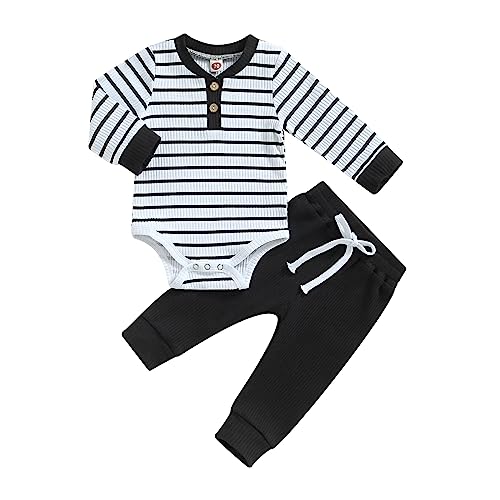 Image of Newborn Baby Boy Girl Clothes Ribbed Knitted Long Sleeve Romper Pants Solid Cotton Infant Fall Winter Outfits 2Pcs