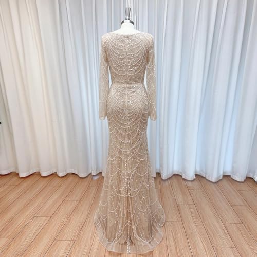 Engerla Luxury Pearl Lace Mermaid Evening Dress Square Neck Long Sleeves Formal Prom Dress Detachable Train3