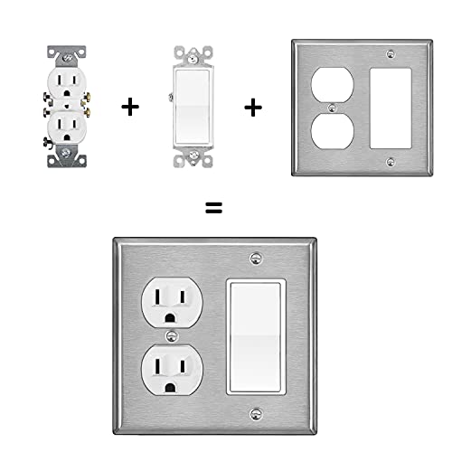 [2 Pack] Bestten 2-Gang Combination Metal Wall Plate With Ｗhite Or Clear Plastic Film, 1-Duplex/1-Decor, Anti-Corrosion Stainless Steel Outlet And Switch Cover, Standard Size, Brushed Finish, Silver #TOP4