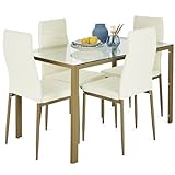 Best Choice Products 5-Piece Glass Dining Set, Modern Kitchen Table Furniture for Dining Room, Dinette, Compact Space-Saving w/Glass Tabletop, 4 Upholstered PU Chairs, Metal Steel Frame - Ivory/Gold