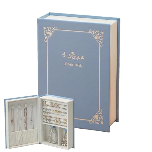 WEIKIMFF PU Leather Book Jewelry Organizer Box with Magnetic Closure, Stylish Jewelry Box for Women and Girls,Travle Jewelry Case for Rings Necklaces Earring (Blue)